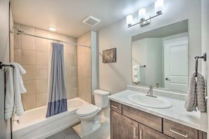Hair dryer, towels, soap, shampoo