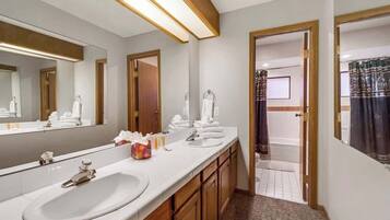 Combined shower/tub, hair dryer, towels