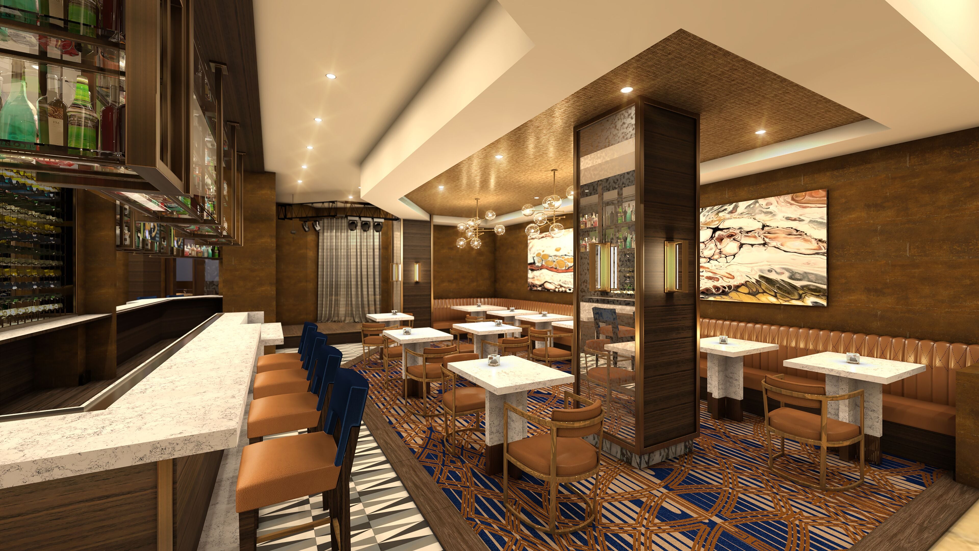 Un restaurante moderno con zona de bar, varias opciones de asientos incluyendo reservados y mesas, y una alfombra estampada.
