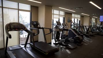 A gym with multiple treadmills, stationary bikes, and a rowing machine.