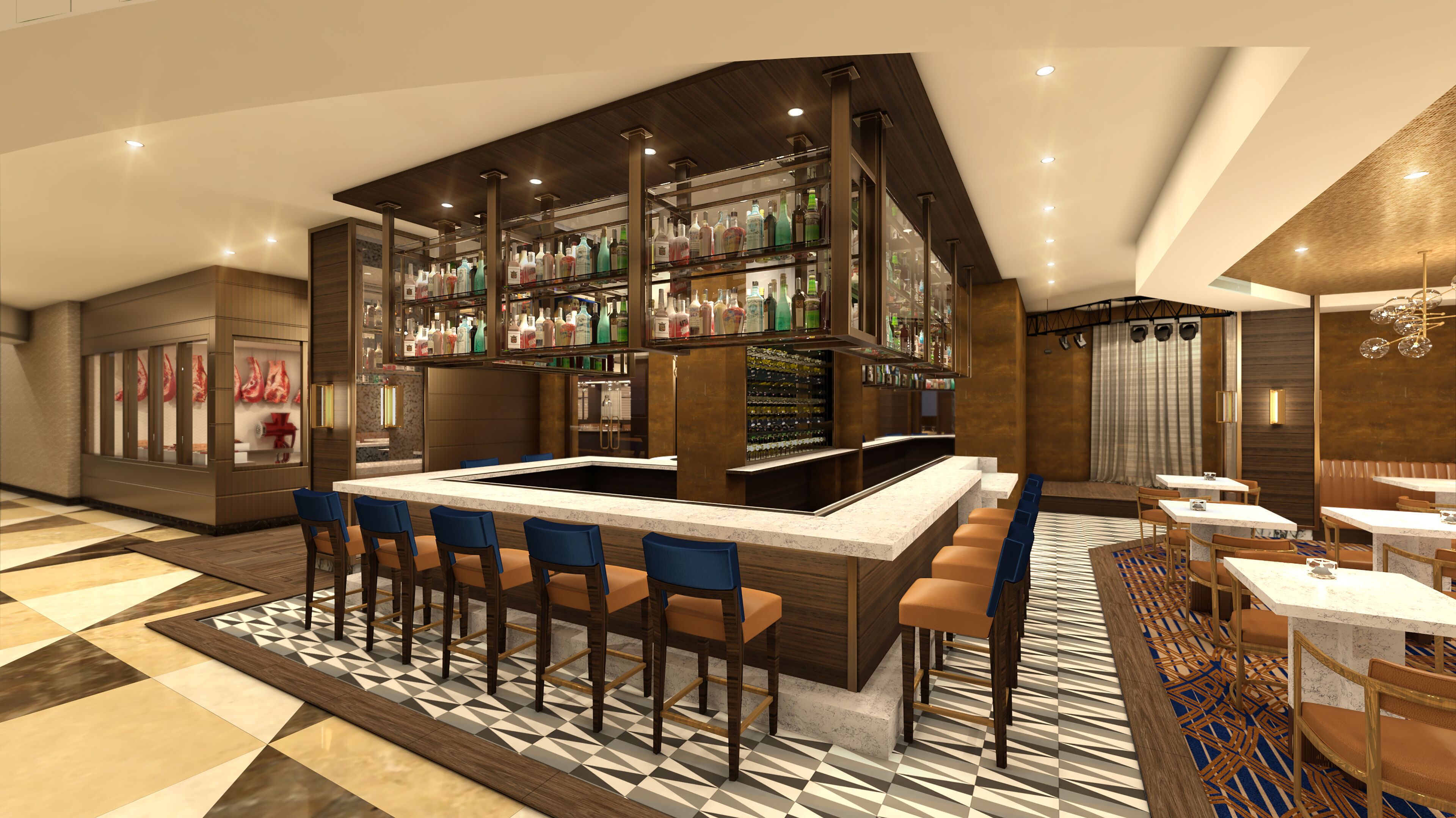 Uma área de bar moderna com uma ilha central e banquetas, rodeada por assentos e um chão estampado.