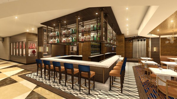 A modern bar area with a central island and bar stools, surrounded by seating and a patterned floor.