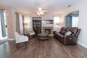 TV, fireplace, video games, DVD player