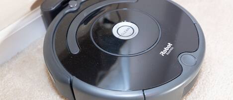 A black robotic vacuum cleaner with a 'CLEAN' button and 'Robot Roomba' label.