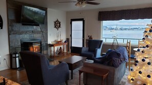 Smart TV, fireplace, books, stereo