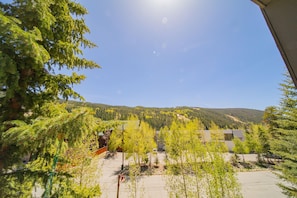 A building with a parking lot, surrounded by trees and a mountainous landscape.