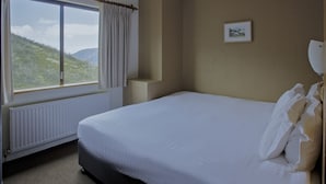 Une chambre d’hôtel avec un grand lit, une fenêtre avec des rideaux, un radiateur et un tableau encadré au mur.