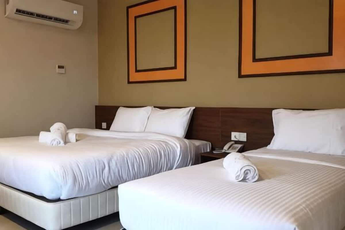 Two beds with white linens, a wall-mounted air conditioner, and a framed picture above the beds.