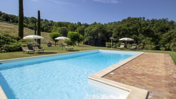 A rectangular swimming pool with a tiled edge, surrounded by a brick patio. There are lounge chairs and umbrellas in the background.
