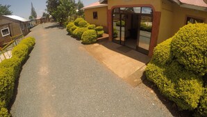 A hotel entrance with a paved driveway, neatly trimmed bushes, and a clear sky.