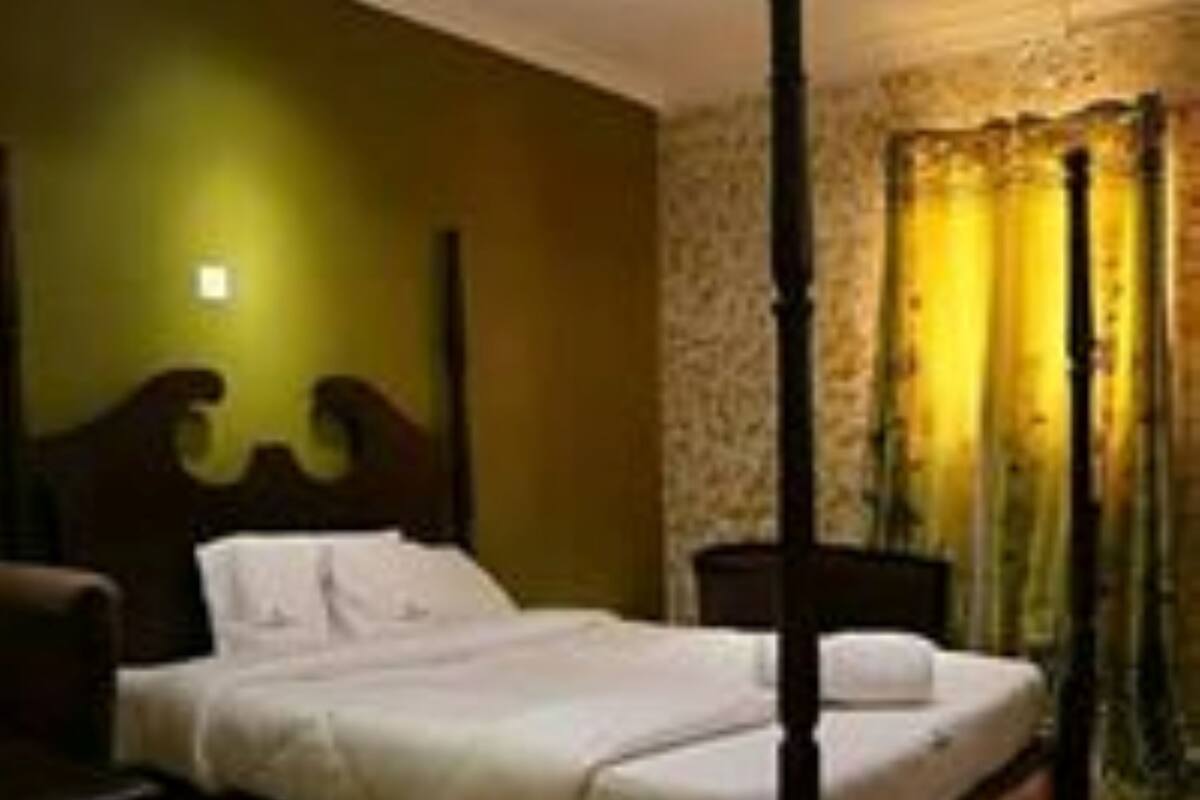 Uma cama com dossel em um quarto com piso estampado e parede verde.