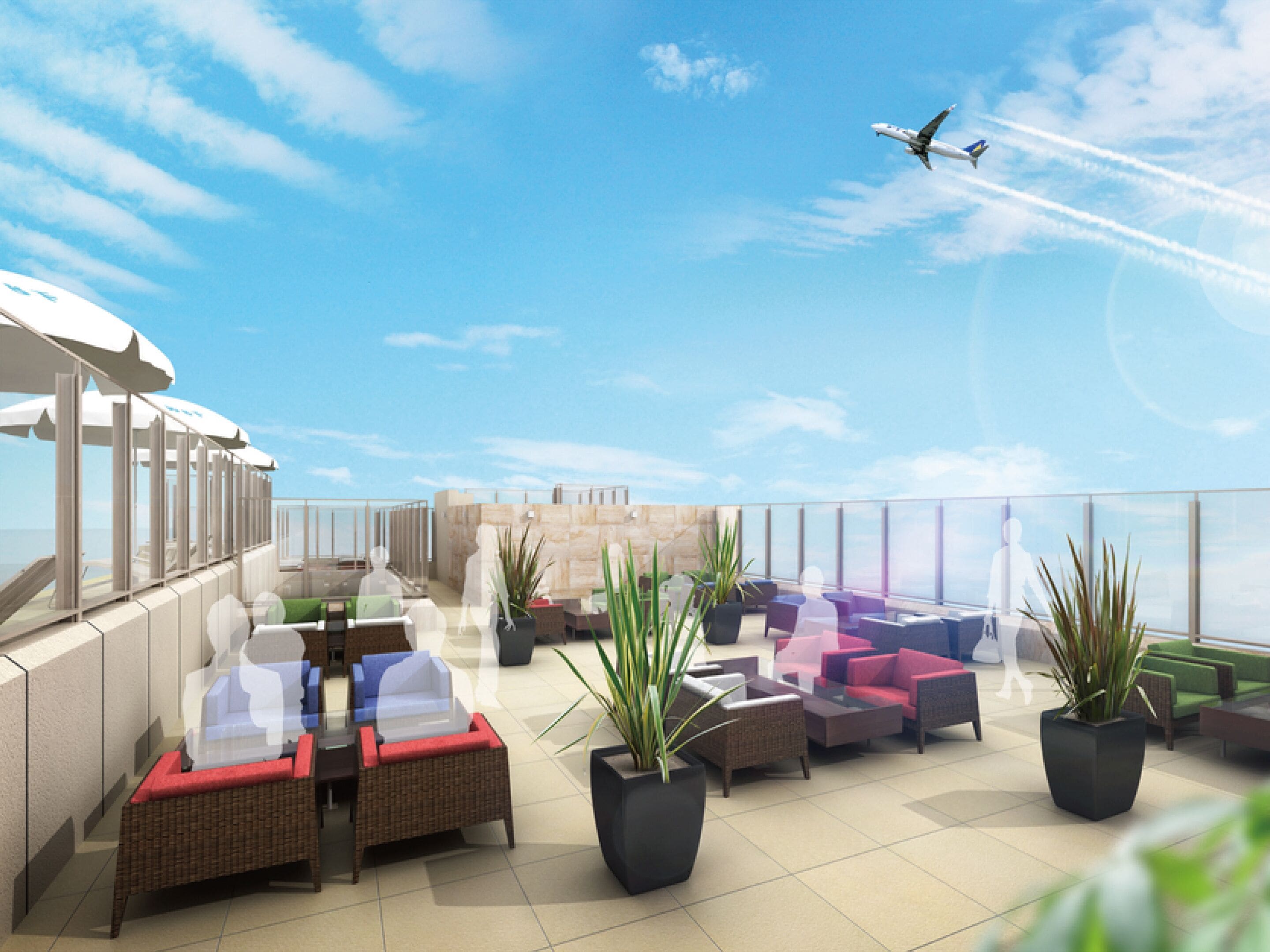 A rooftop lounge with outdoor seating, potted plants, and a clear view of the sky and a plane in the distance.