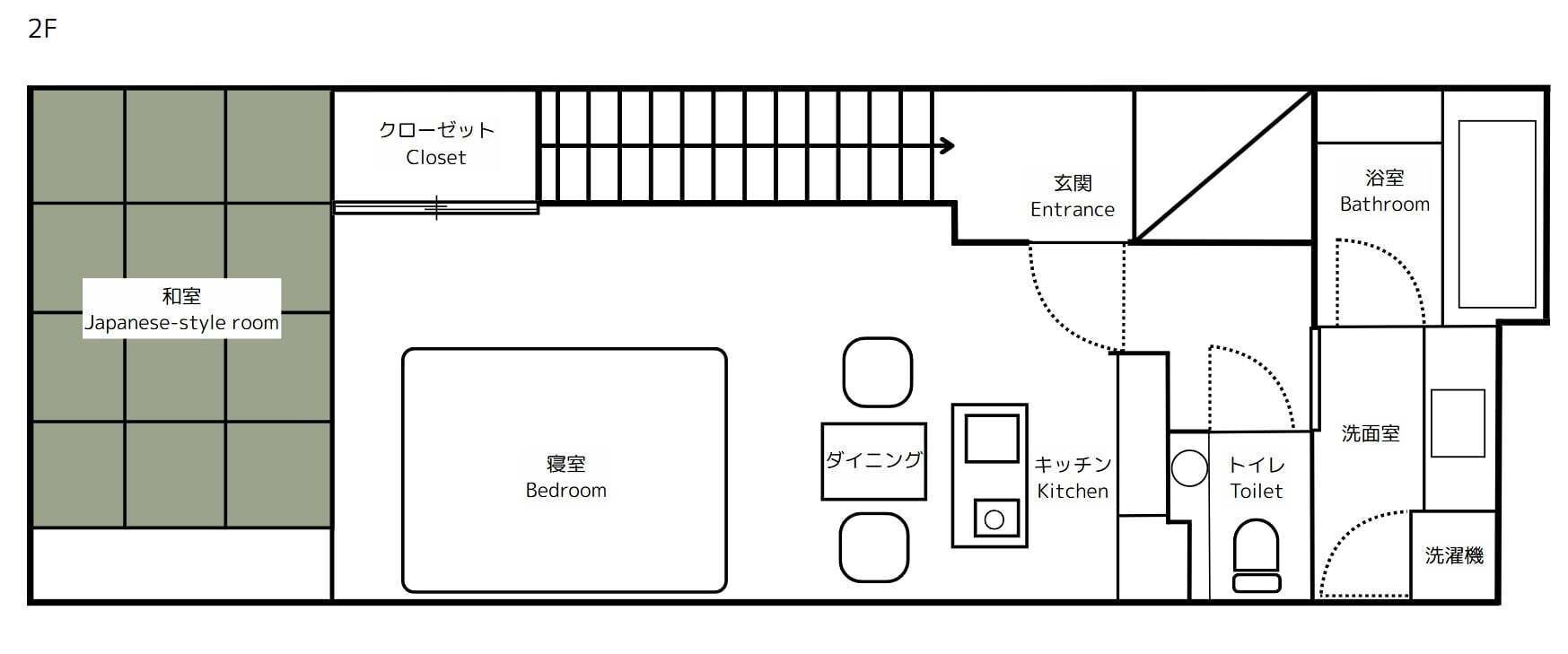 A Japanese-style room layout with a closet, entrance, bathroom, kitchen, toilet, and a separate washroom.