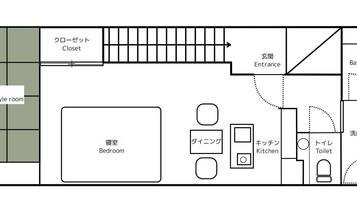A Japanese-style room layout with a closet, entrance, bathroom, kitchen, toilet, and a separate washroom.