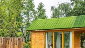 A wooden cabin with a green roof, large sliding glass doors, and a small deck.