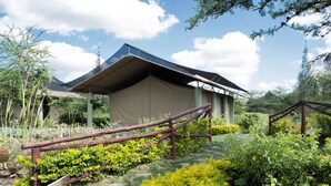 Un espacio exterior techado con cerramiento de madera, rodeado de abundante vegetación y un cielo despejado.