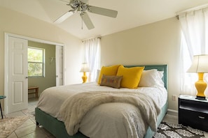 1 bedroom, desk, iron/ironing board, travel crib