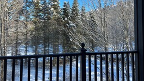 A view through a window with a railing, featuring snow-covered trees and a clear blue sky. - Stunning 2 bed Condo in Les Manoirs, Mont-Tremblant (Mont-Tremblant)