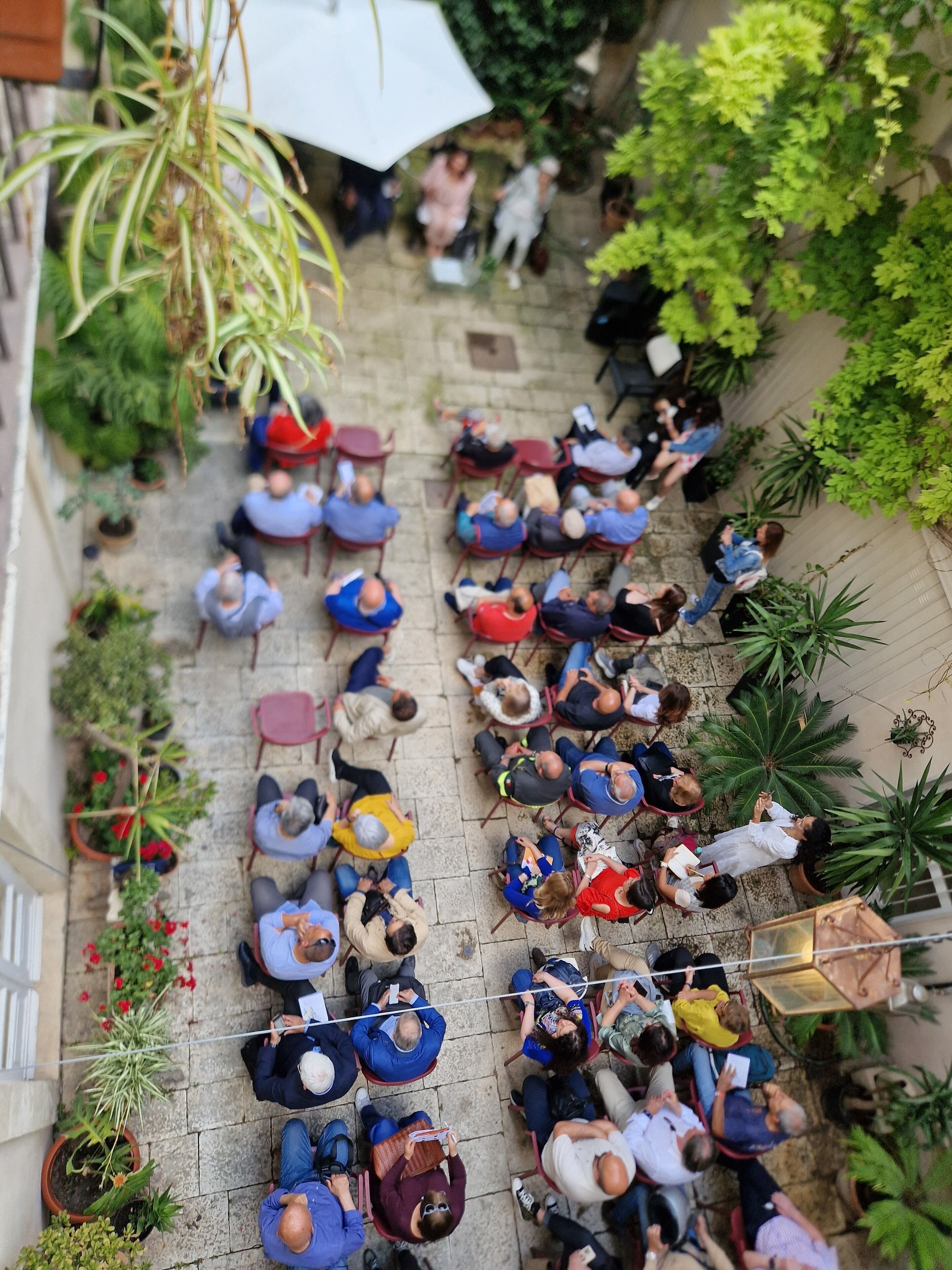 A courtyard with people seated on chairs, surrounded by potted plants and a white umbrella.