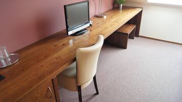 Desk, laptop workspace, iron/ironing board, cots/infant beds