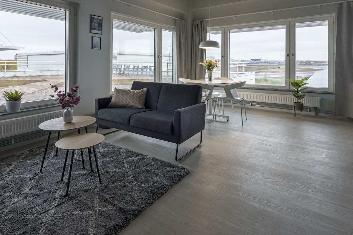 Ein modernes Wohnzimmer mit einem grauen Sofa, einem kleinen runden Tisch und einem grauen Teppich. Es gibt zwei Zimmerpflanzen, eine am Fensterbrett und eine auf einem Beistelltisch.