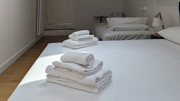 A hotel room with a skylight, two beds, a TV, and a stack of towels.