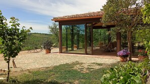 Une terrasse fermée par des baies vitrées, agrémentée d’une pergola, entourée d’un jardin avec des plantes en pot et offrant une vue sur des collines ondoyantes.