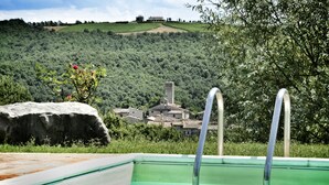 Une piscine avec des échelles en métal, entourée d’une végétation luxuriante et offrant une vue sur un village perché sur une colline, avec ses bâtiments traditionnels.