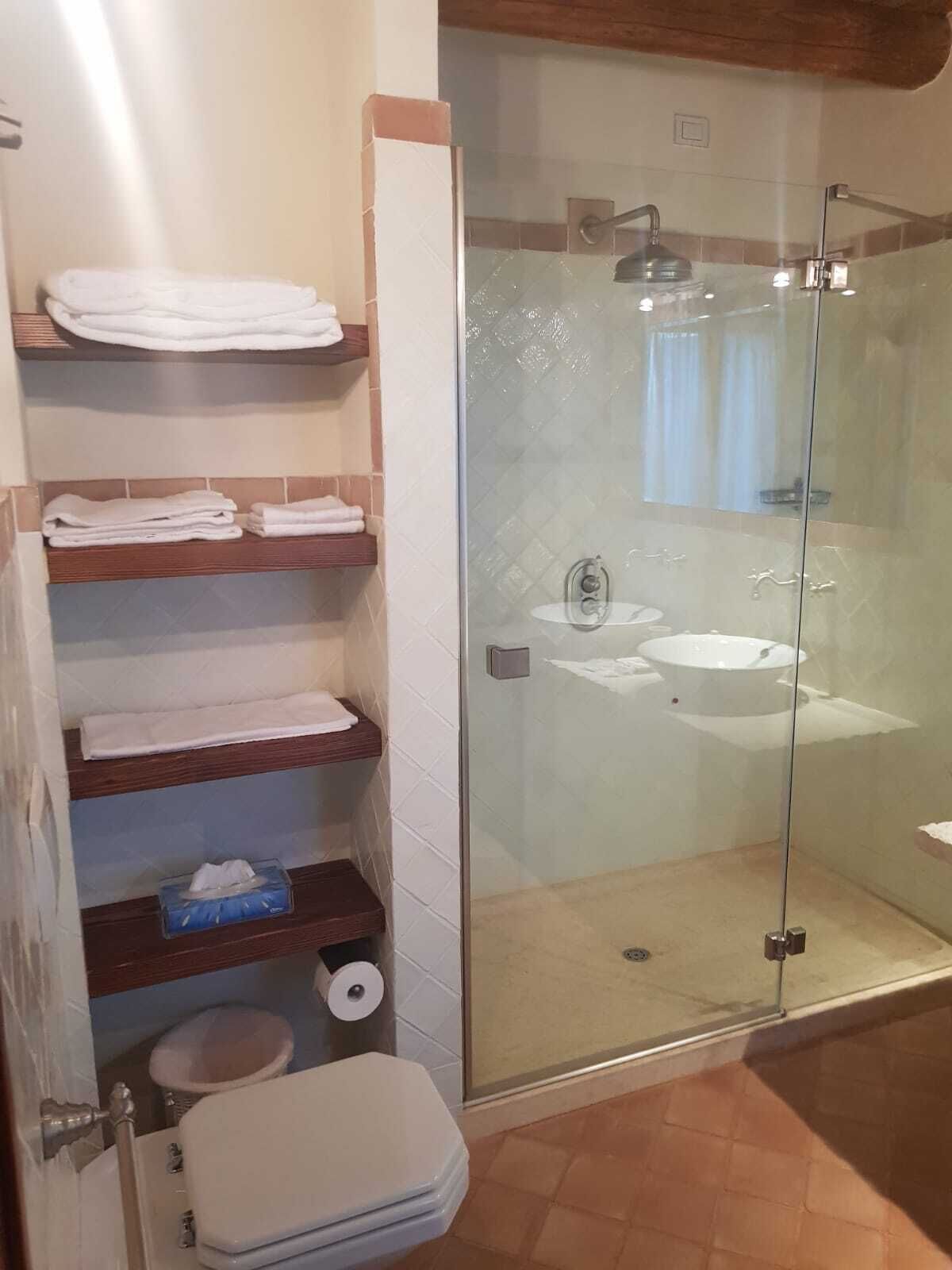 A bathroom with a glass-enclosed shower, a toilet, and a sink.