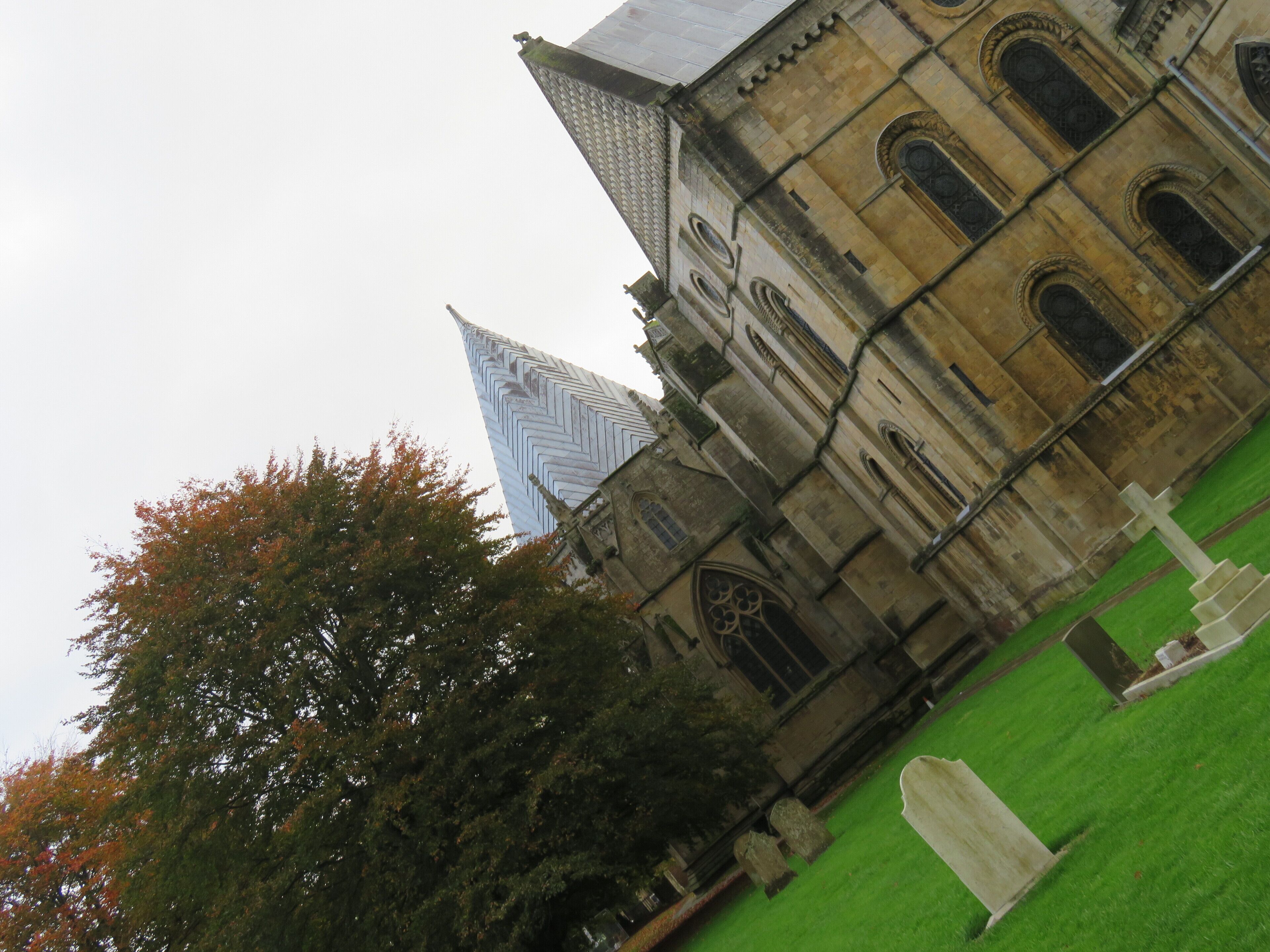 A historic building with a pointed roof and arched windows, surrounded by a well-maintained lawn and a large tree.