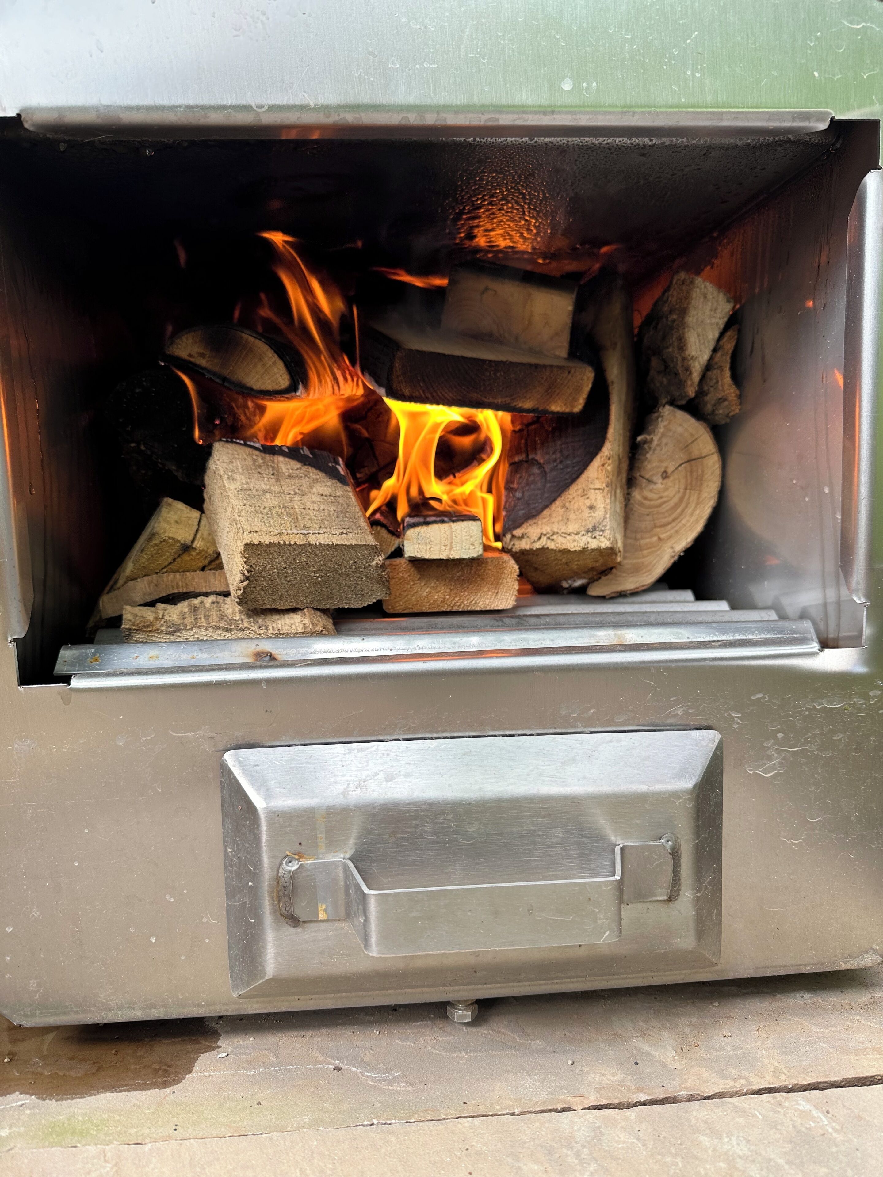 Un poêle à bois avec des bûches et des flammes à l’intérieur.