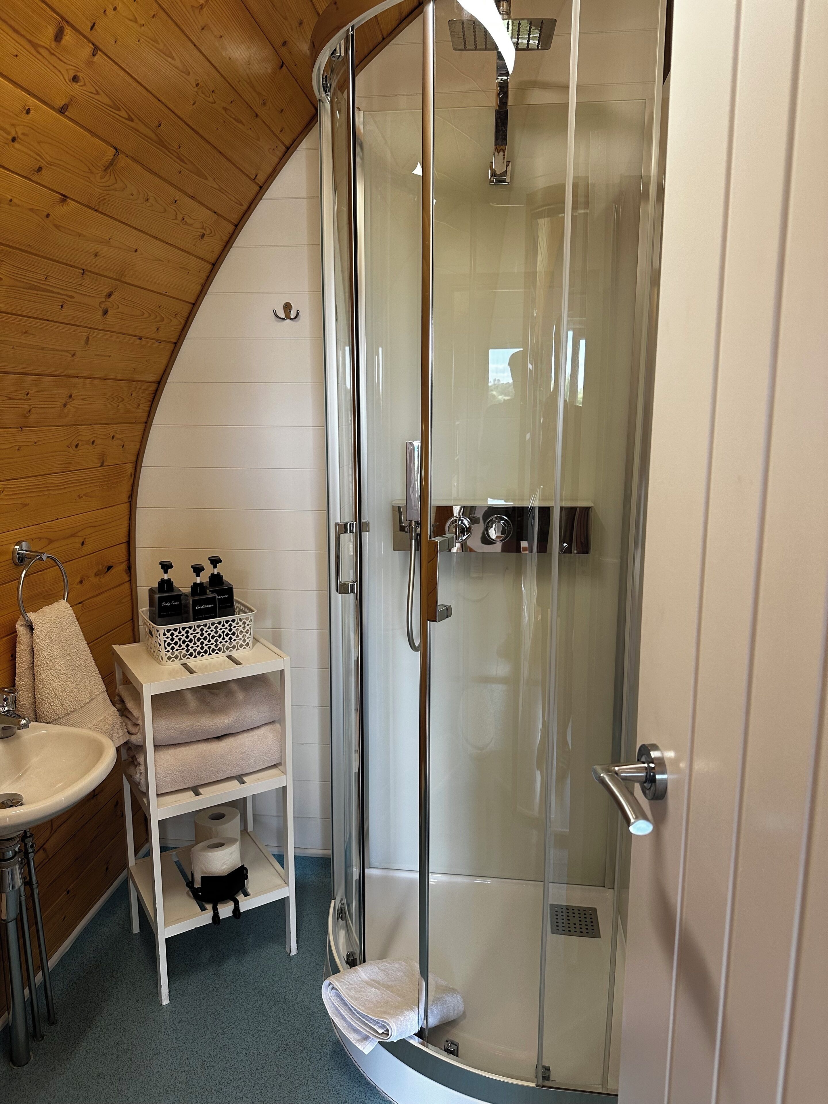 Une douche fermée par des parois de verre, avec un lavabo blanc et un porte-serviettes sur le côté gauche.