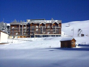 Stunning mountain retreat with a modern design, featuring a symmetrical facade and balconies.