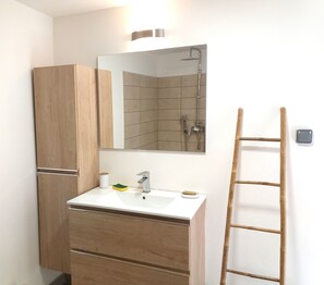 Douche, sèche-cheveux, serviettes fournies, papier toilette