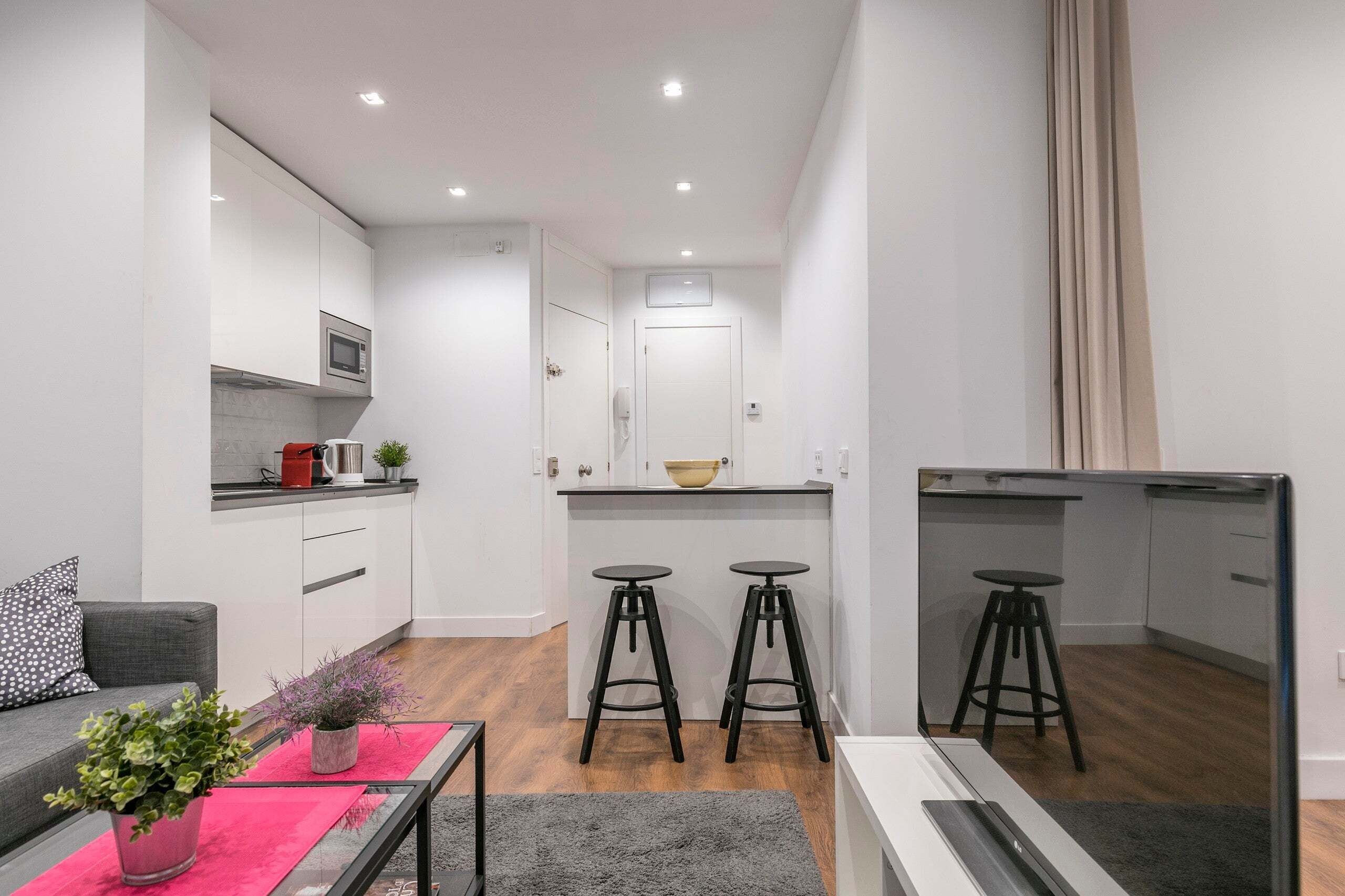 Een compact appartement met kitchenette, een eethoek met krukjes, een bank en een salontafel met een plant.