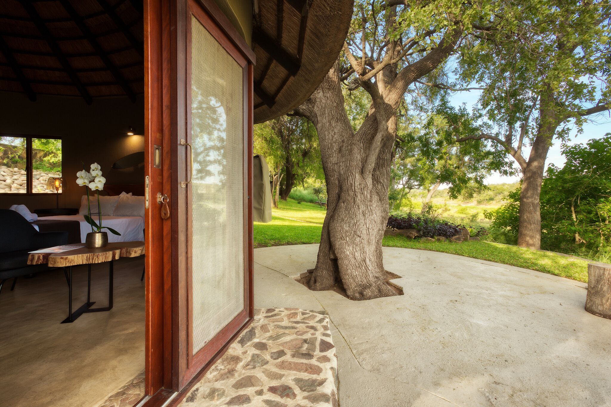 A wooden-framed door leading to a room with a stone floor, a potted plant, and a view of a large tree and garden.