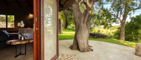 A wooden-framed door leading to a room with a stone floor, a potted plant, and a view of a large tree and garden.