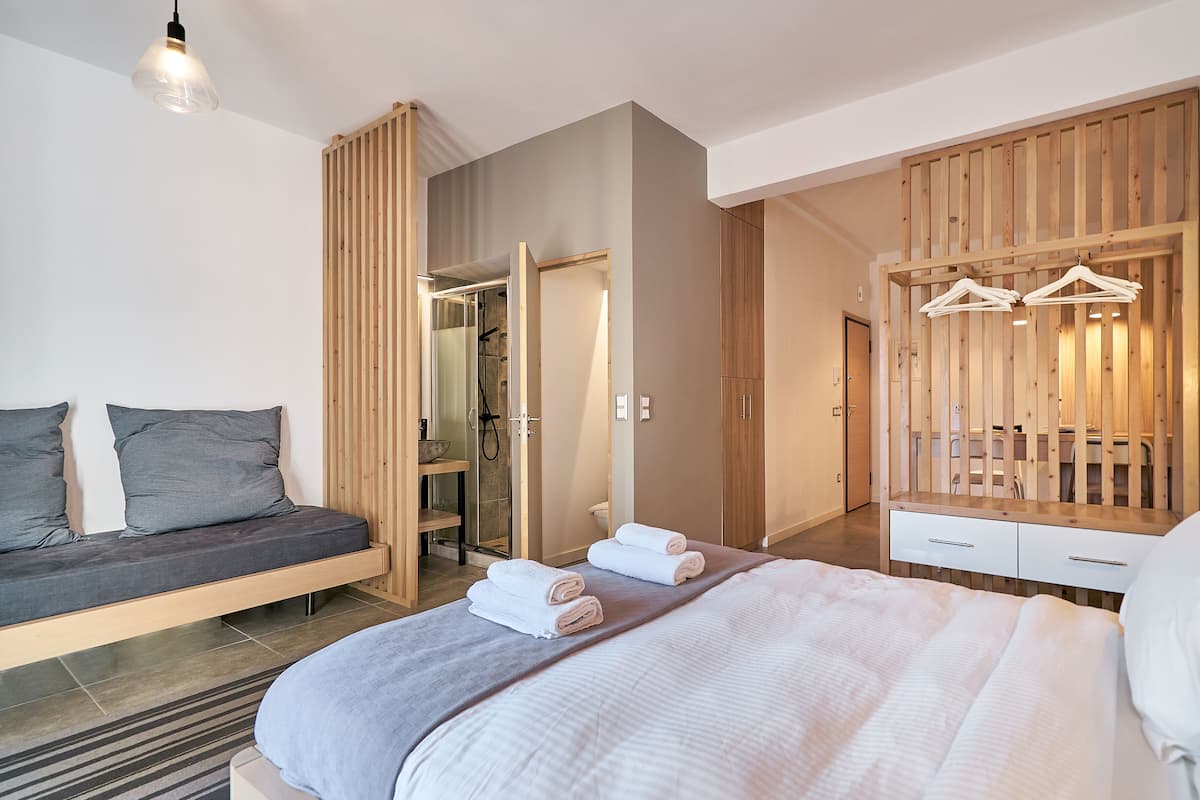 Une chambre moderne comprenant un lit, un coin salon, une armoire en bois et un espace douche.