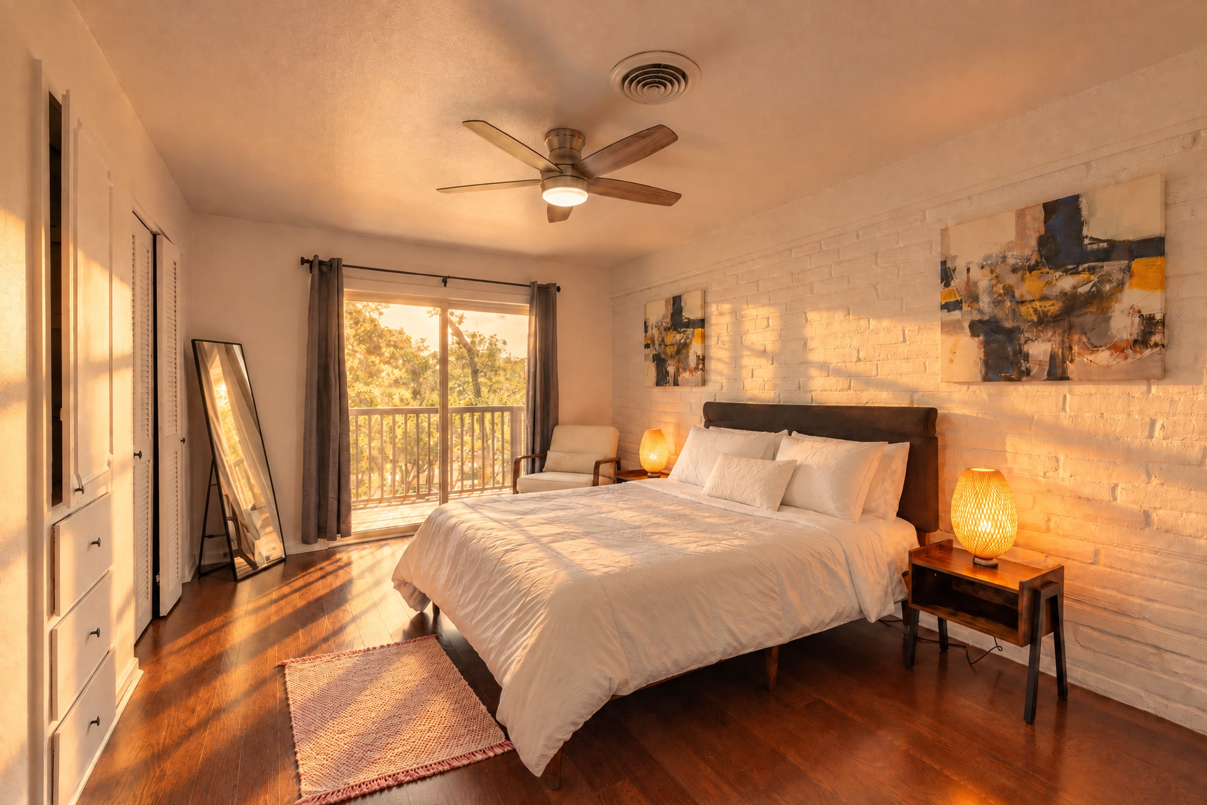 A bedroom with a bed, a ceiling fan, a window with curtains, a nightstand with a lamp, and a wall with abstract art.