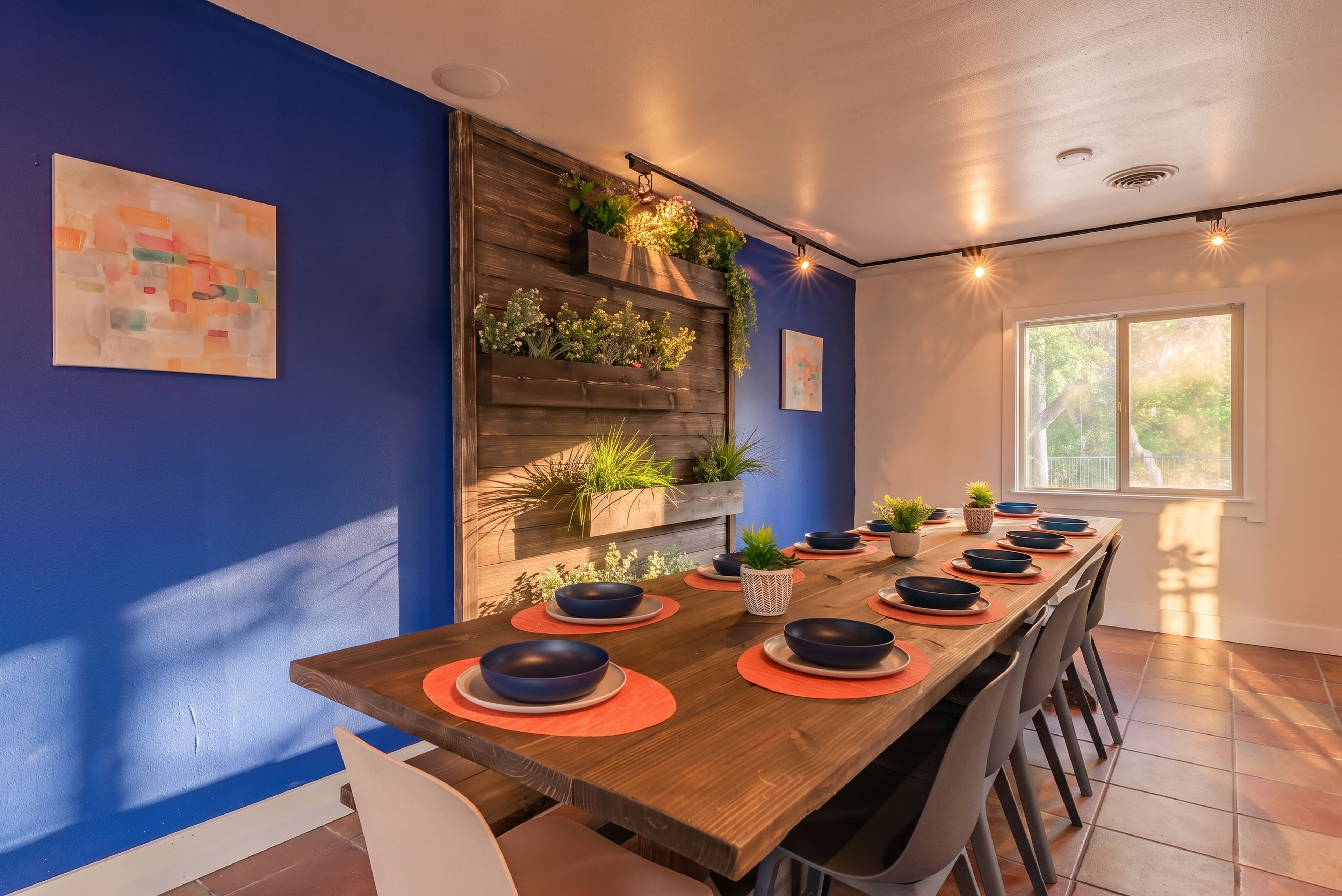 A dining area with a long wooden table set for a meal, surrounded by chairs, with a blue wall and a window providing natural light.