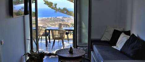 Televisión, chimenea, libros, estéreo