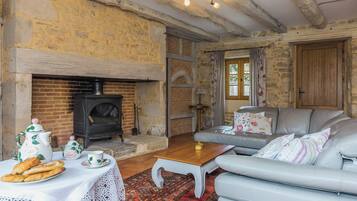 Televisie, een open haard, een dvd-speler en boeken