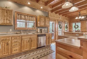 A wooden cabin-style kitchen with built-in cabinets, a dishwasher, and a large island. - Luxury! 2 Master Suites w/Fireplaces|Game Room (SEVIERVILLE)