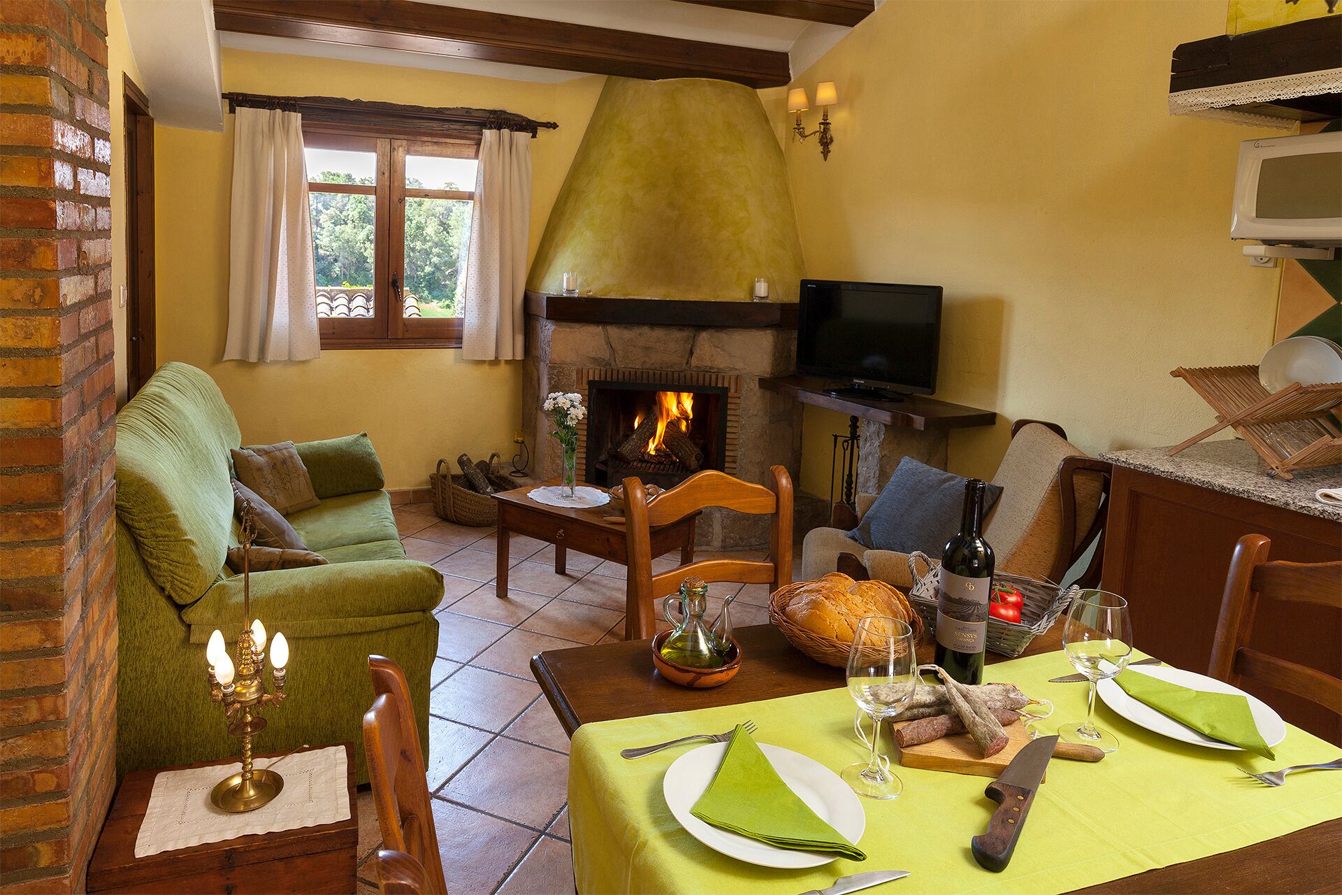 A cozy living room with a fireplace, a television, and a dining area set for a meal.