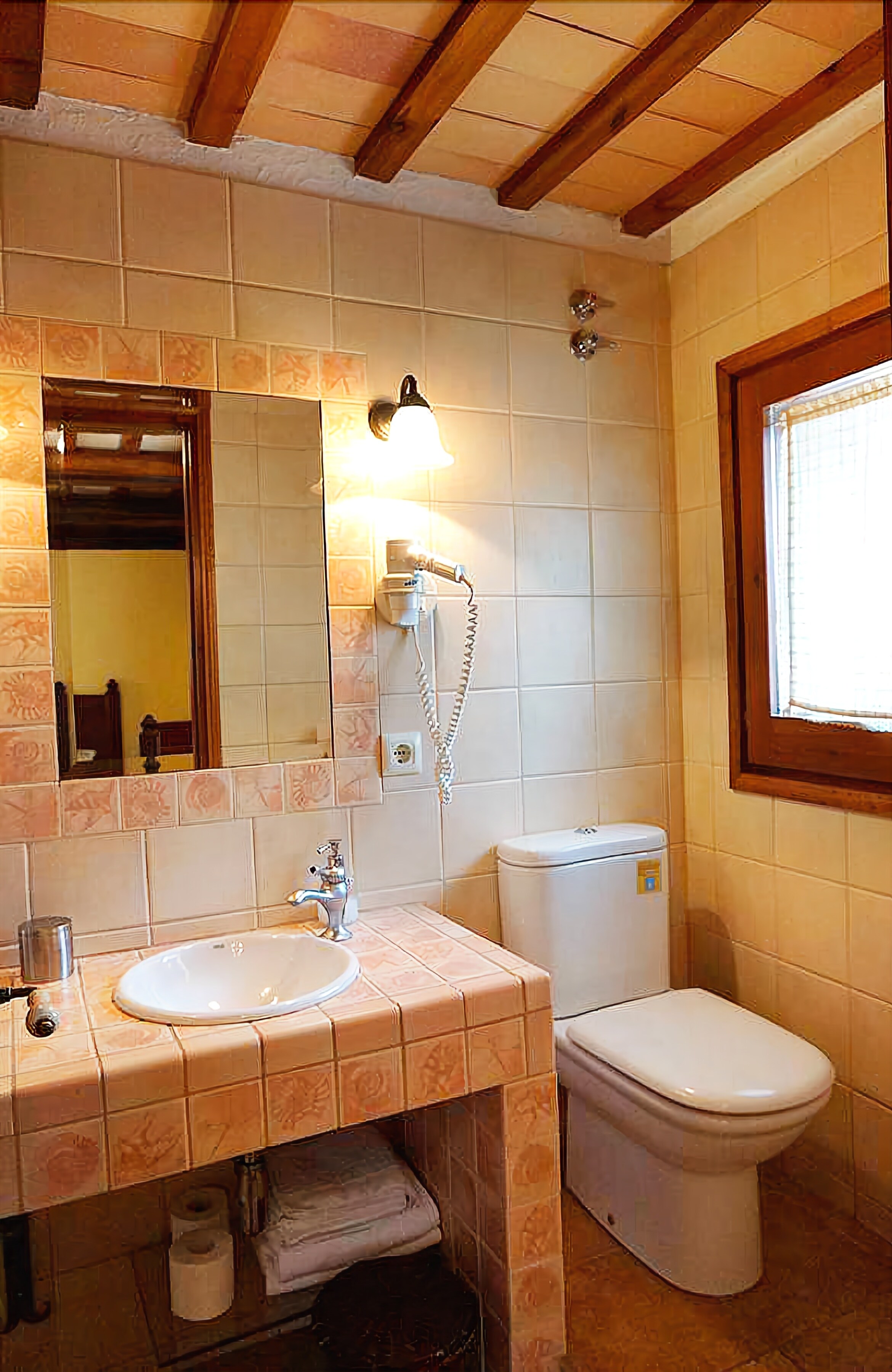 A bathroom with a sink, toilet, and a mirror.