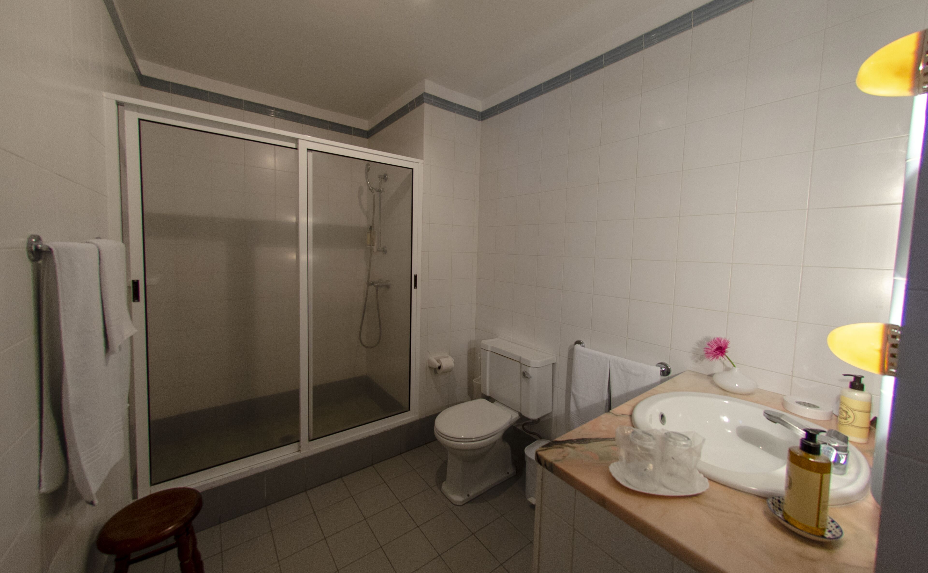 Une salle de bain avec des toilettes, une douche et un lavabo.