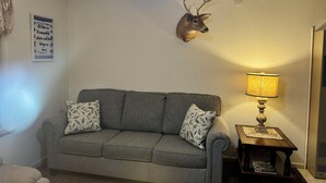Un salon avec un canapé gris, des coussins à motifs, une tête de cerf accrochée au mur, une lampe et une petite table sur laquelle sont posés des magazines.