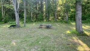 Un parc avec une table de pique-nique et un chien près d’un arbre.
