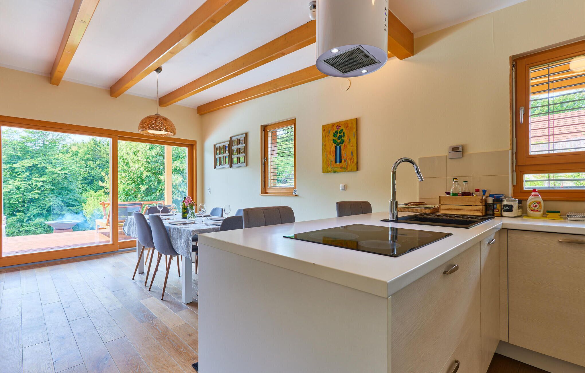 Fridge, stovetop, dishwasher, coffee/tea maker