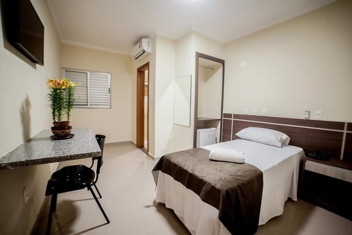 A hotel room with a bed, a desk, a chair, a potted plant, a mirror, and a TV.
